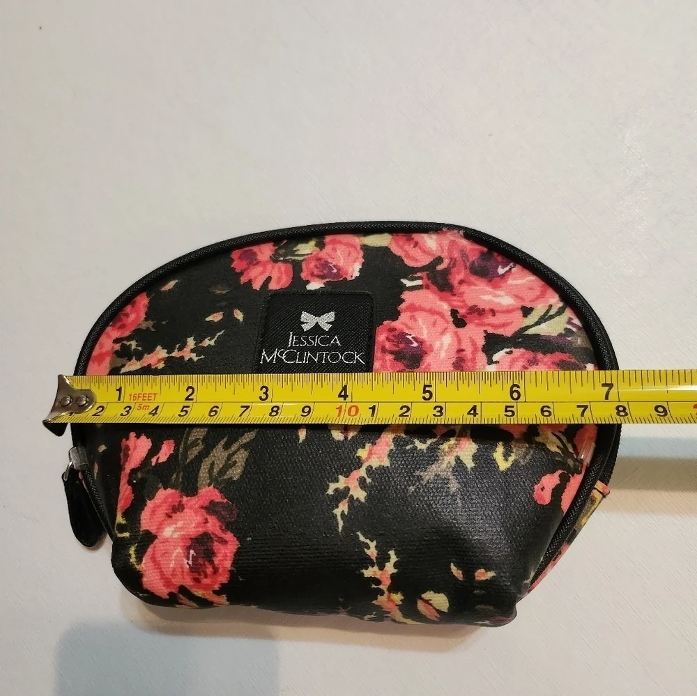 Jessica McClintock Black and Pink Cosmetic Bag with Floral Design, EUC